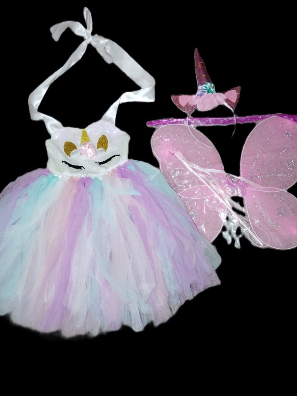UNICORN PRINCESS COSTUME DRESS UP LOT DRESS WINGS HEADBAND WAND-GIRLS SIZE 4-6